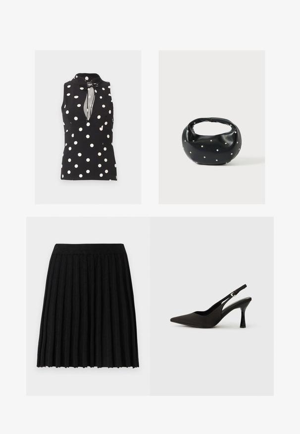 Zwarte mouwloze top met witte stippen, hoge kraag en vooraan een sleutelgat halslijn gebonden met een zwarte strik.; Vero Moda Knitted VMMARINA Short - Minirok - black; Zwarte slingback hakken met een spitse neus, een gladde matte afwerking en een slanke, glanzende hak. Verstelbare band met een klein gespdetail.; Zwarte leren handtas met een afgeronde vorm, versierd met zilveren studs, en een korte handgreep. Gladde textuur en ritsluiting.