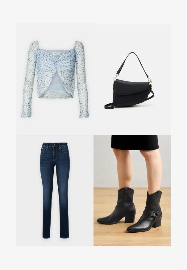 Lyseblå langærmet top med blomsterprint, tekstureret stof, rynket foran og bølgede kanter. Har cropped design og firkantet udskæring.; Mørkeblå jeans lavet af denim, med lige ben, fem-lomme design og en knaplukning ved taljen.; Sorte læder ankelstøvler med spids tå, lynlås lukning, buet hæl og en dekorativ rem med metal detaljer.; Sort læderhåndtaske med en struktureret overflade, der har en enkelt skulderrem og guld hardware-detaljer. Designet er slankt og minimalistisk.