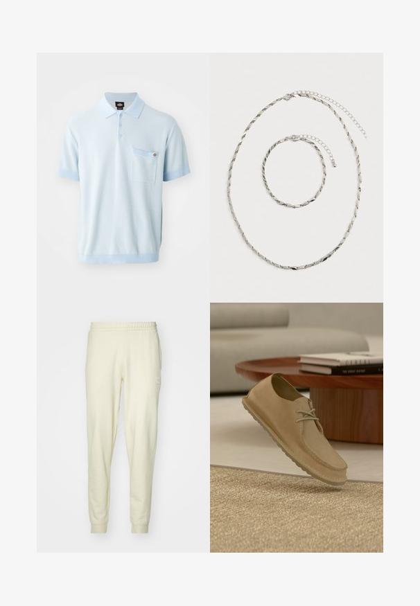 Camisa polo de color azul claro con tejido texturizado, tres botones, mangas cortas con puños en contraste y un bolsillo en el pecho.; Pantalones de chándal color crema hechos de una tela suave, con cintura elástica y puños. Presenta un pequeño emblema en la cadera izquierda.; Zapato casual beige de gamuza con cordones flotando sobre una alfombra con textura en una sala de estar moderna con una mesa de café de madera y libros.; Collar de cadena retorcida de plata y pulsera a juego con cierres ajustables, dispuestos sobre un fondo blanco.