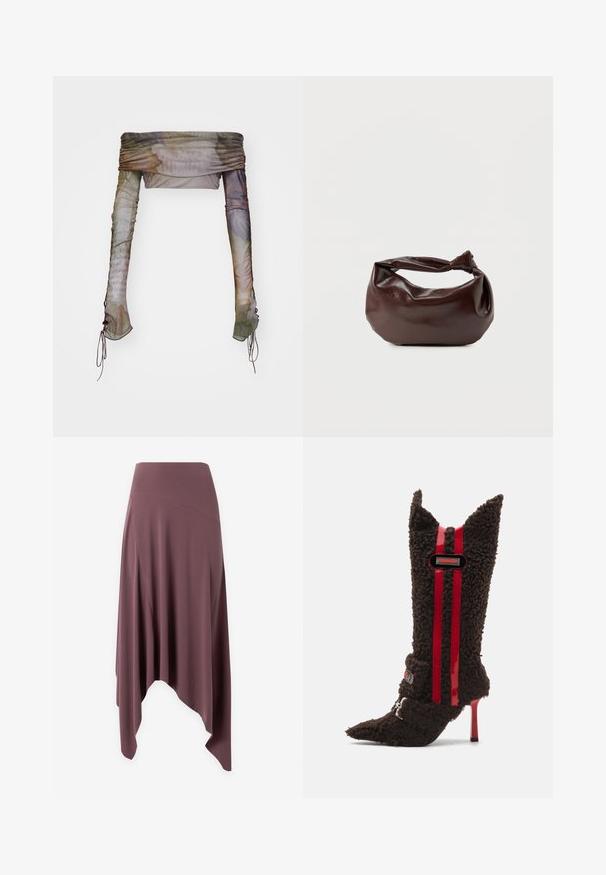 Jaded London UP FOLD OVER - Langærmet T-shirt - multi; Asymmetrisk mauve midi-nederdel med høj talje og flydende stofpaneler på hvid baggrund.; Brun pelslignende højhælede støvler med spidse tæer, prydet med røde lakerede striber og et logo på anklen. Tekstureret stof.; Mørkebrun læder skuldertaske med en blød, afslappet form og et snoet knudehåndtag på en ensartet hvid baggrund.