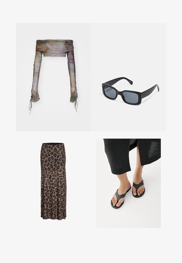 Jaded London UP FOLD OVER - Langærmet T-shirt - multi; Leopardprint nederdel i brune og sorte nuancer, med et flydende design og en subtil flæsekant, fremstillet af et let og blødt stof.; Nærbillede af fødder iført sorte læder-tåsandaler med en sort nederdels kant synlig over anklerne på en hvid gulv.; Sorte rektangulære solbriller med mørkt tonede linser, tyk plastramme og brede stænger. Glat overflade og kantet design.