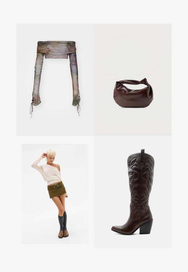 Jaded London UP FOLD OVER - Langærmet T-shirt - multi; Kvinde med kort blond hår iført en cremefarvet off-shoulder sweater, grøn mini-nederdel med bælte, knæhøje grå sokker og brune klipklappere, der poserer.; Høj mørkebrun læder cowboystøvle med syede dekorative mønstre, spids tå og stablet blokhæle.; Mørkebrun læder skuldertaske med en blød, afslappet form og et snoet knudehåndtag på en ensartet hvid baggrund.