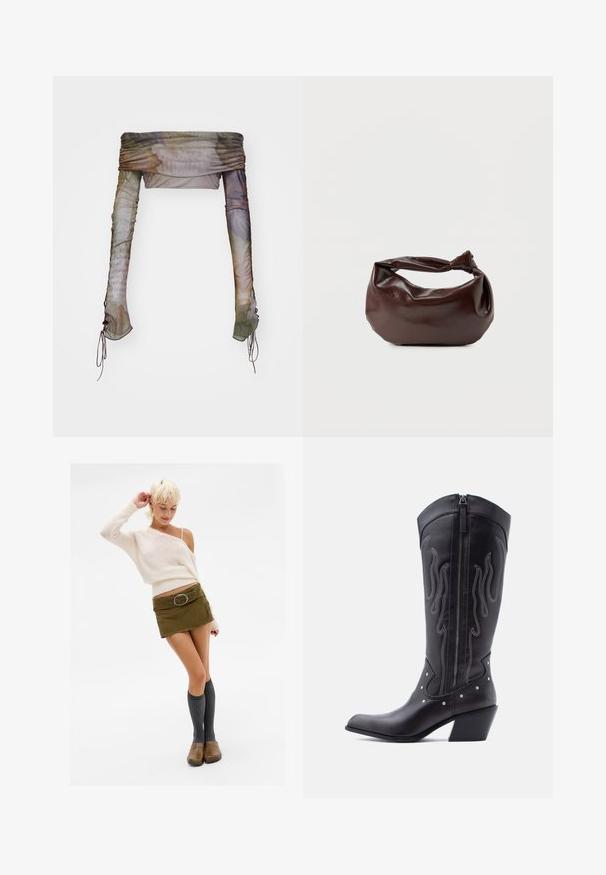 Jaded London UP FOLD OVER - Langærmet T-shirt - multi; Kvinde med kort blond hår iført en cremefarvet off-shoulder sweater, grøn mini-nederdel med bælte, knæhøje grå sokker og brune klipklappere, der poserer.; Sorte cowboystøvler i læder med spids tå, synlige sømme, sølvfarvede nitte-detaljer og lynlås på den indvendige side.; Mørkebrun læder skuldertaske med en blød, afslappet form og et snoet knudehåndtag på en ensartet hvid baggrund.