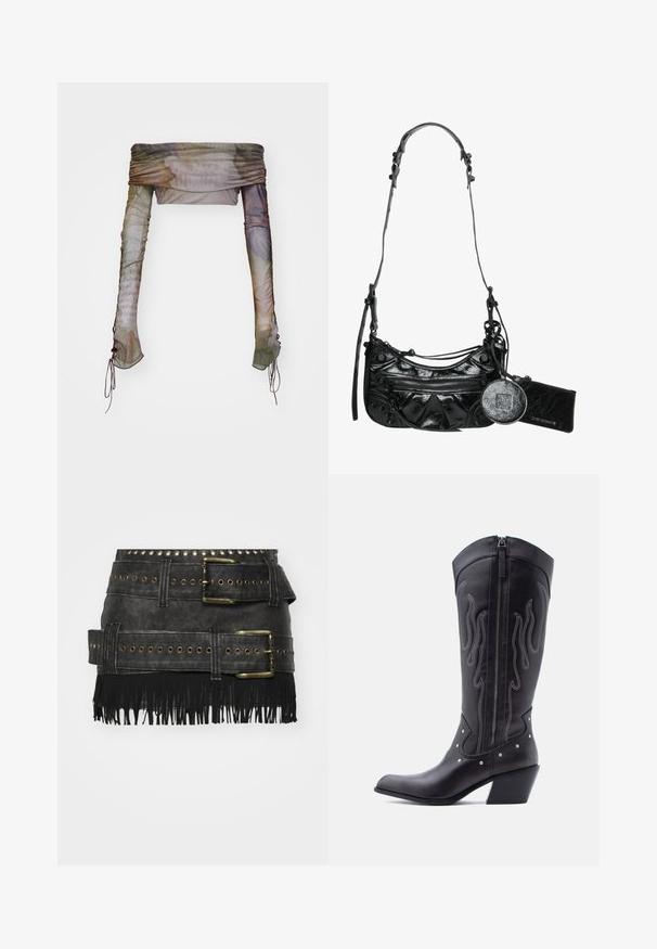 Jaded London UP FOLD OVER - Langarmshirt - multi; Schwarzer Kunstlederrock mit großen Metallschnallen, Ösenverzierungen und Fransen am Saum. Strukturierter Schnitt mit mehreren Gürteln.; Schwarze Cowboy-Stiefel aus Leder mit spitzer Zehenpartie, sichtbarer Nahtführung, silbernen Nietenakzenten und Reißverschluss auf der Innenseite.; Schwarze synthetische Lederhandtasche mit geschwungenem Design, einem mit Reißverschluss versehenen Frontfach und dekorativer Hardware sowie einem abnehmbaren runden Münzbeutel.