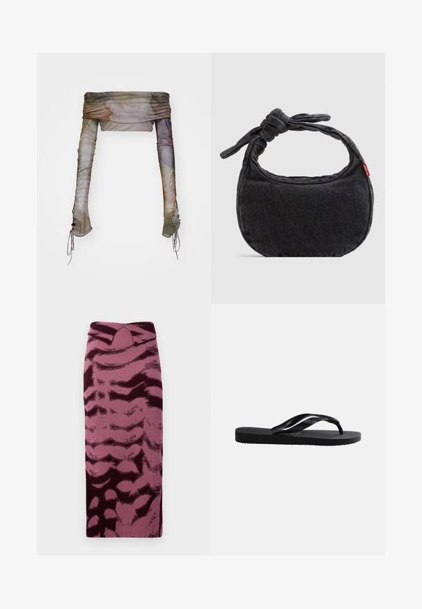 Jaded London UP FOLD OVER - Langærmet T-shirt - multi; Strikket blyantskirt i nuancer af pink og burgunder, med ribbet tekstur og abstrakt mønster. Høj talje med en subtil vridning.; Sort gummiflip-flop med tekstureret fodseng og glat Y-formet rem på en ensfarvet lys baggrund.; Lille sort denim skuldertaske med knyttet rem og lynlåslukning, med en rød Levi's stofetiket på siden.