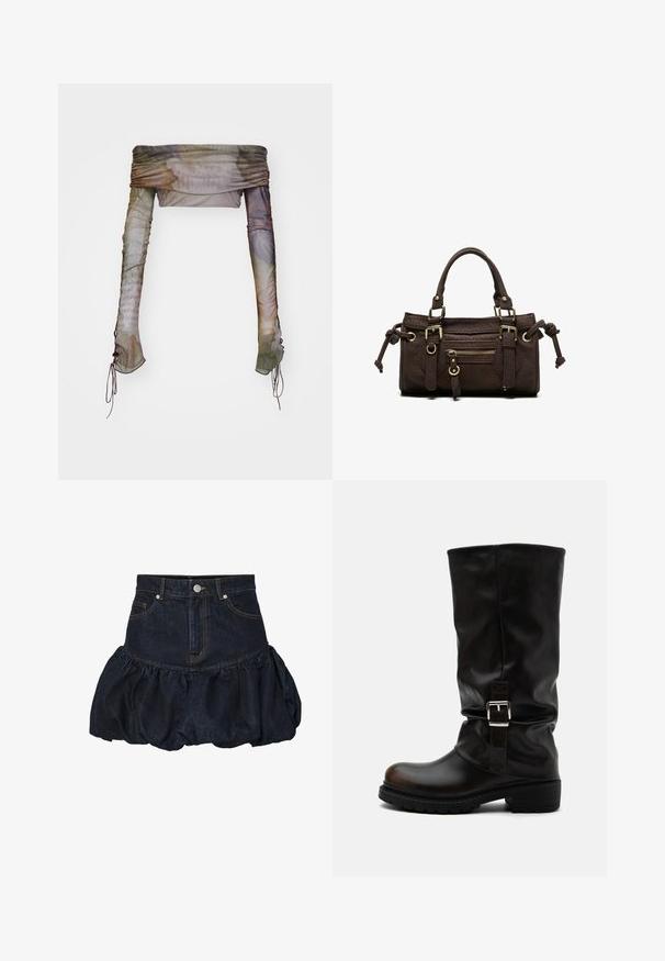 Jaded London UP FOLD OVER - Langarmshirt - multi; Dunkelblaue Jeansrock mit einer taillierten Taille und einem gerafften, puffigen Rüschensaum. Verfügt über Fronttaschen und einen metallischen Knopfverschluss.; Hoher schwarzer Lederstiefel mit abgerundeter Spitze, niedrigem Absatz, seitlichem Schnallenriemen und leicht geschliffenem Schaft auf weißem Hintergrund.; Dunkelbraune Lederhandtasche mit doppelten Griffen, vorderer Reißverschlusstasche, dekorativen Schnallen und seitlichen Knoten auf weißem Hintergrund.