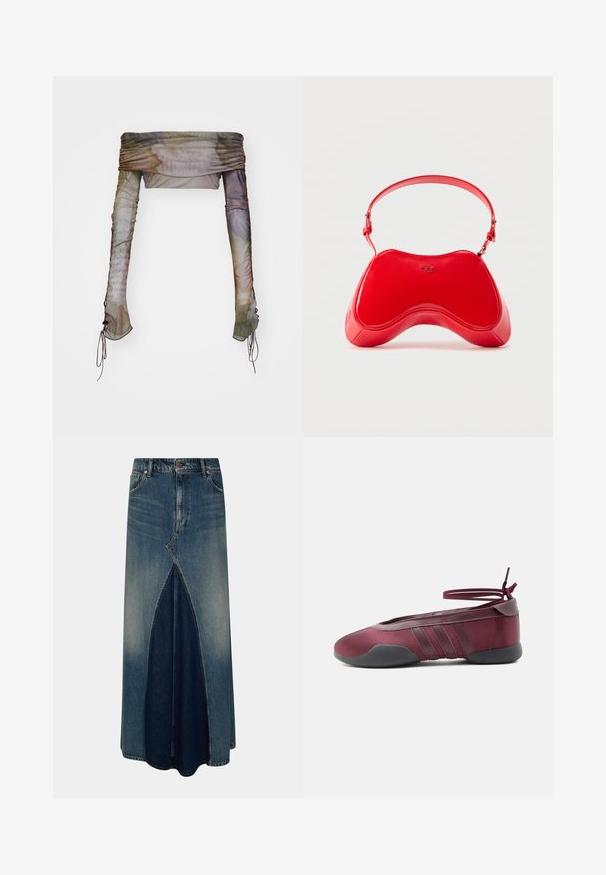 Jaded London UP FOLD OVER - Langærmet T-shirt - multi; Blå denim maxi nederdel med frontinverteret plissé, bæltesløjfer, knap- og lynlåslukning samt lysvasket detaljer.; Burgunderfarvet balletsko med sort sål, elastiske ankelstropper bundet i sløjfe og syninger på siderne, vist fra ydersiden.; Rød taske i laklæder med en buet, ergonomisk form, der har en tynd justerbar rem og en diskret logodetalje foran.