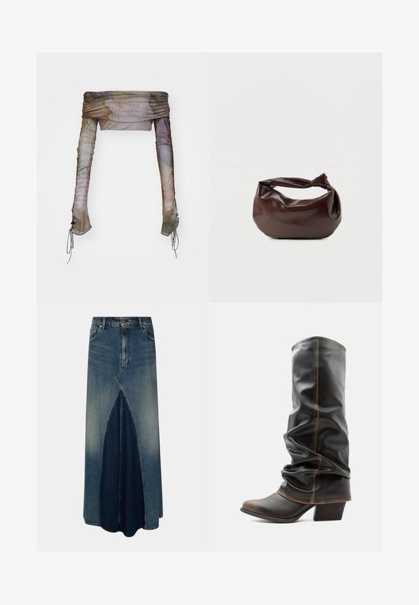 Jaded London UP FOLD OVER - Pikkade varrukatega topp - multi; Sinine denim maxi-seelik esi inversse pleatsiga, vöökohtadega, nupuga ja tõmblukuga kinnitamine ning pleekinud pesu detailidega.; Kõrge mustast nahast lõdvalt istuv saabas pruuni detailiga, terava ninaga ja virnastatud kontsaga tavalise valge tausta ees.; Tumepruunast nahast õlakott, pehme ja lõdva vormiga, keeratud sõlme tüüpi sangaga, valgel ühevärvilisel taustal.