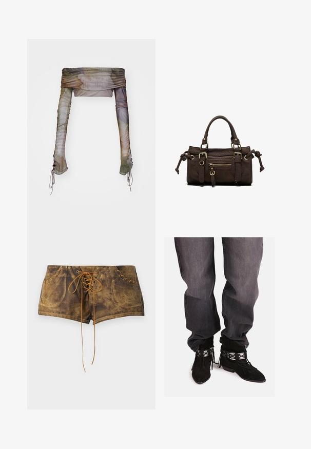 Jaded London UP FOLD OVER - Langarmshirt - multi; Braune Schnürshorts mit strukturiertem Oberflächendesign und kontrastierenden sandfarbenen Schnürsenkeln. Verfügt über Ösen und ein tailliertes Design für eine enganliegende Passform.; Schwarze Wildleder-Ankle Boots mit Fransenverzierungen, silbernen dekorativen Akzenten und spitzem Zehenbereich, kombiniert mit lockeren grauen Jeans.; Dunkelbraune Lederhandtasche mit doppelten Griffen, vorderer Reißverschlusstasche, dekorativen Schnallen und seitlichen Knoten auf weißem Hintergrund.