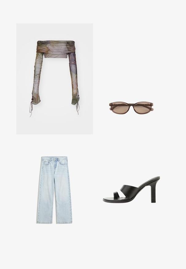 Jaded London UP FOLD OVER - Langarmshirt - multi; Hellblaue weit geschnittene Jeans aus Denim mit einem Knopfverschluss und dekorativen Nieten entlang der Seitennähte.; Schwarze Sandale mit hohem Absatz, breitem Riemen über dem Fuß und einer Zehenschlaufe, von der Seite auf weißem Hintergrund gezeigt.; Braune transluzente ovale Sonnenbrille mit getönten Gläsern und schlanken Bügeln vor weißem Hintergrund.