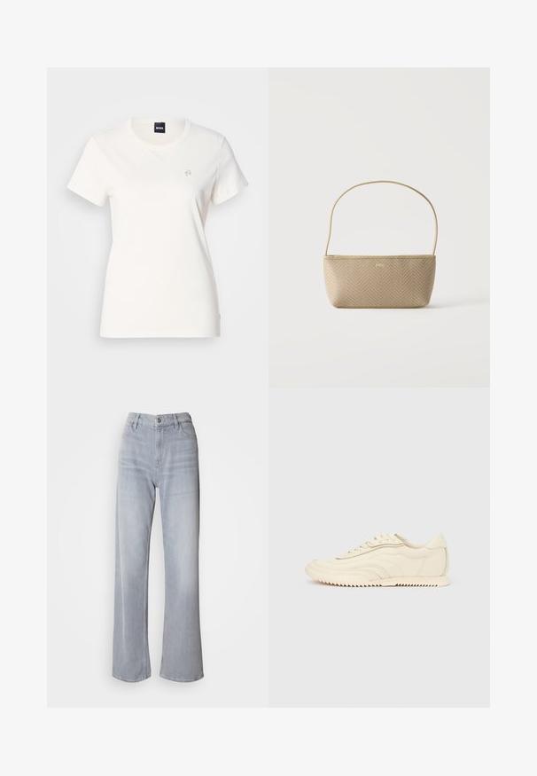 Weißes Baumwoll-T-Shirt mit rundem Ausschnitt und kurzen Ärmeln. Verfügt über ein kleines, gesticktes Logo auf der Brust. Glatte Textur.; Helle graue High-Waist-Jeans mit weit geschnittenem Bein, aus Denim. Verfügt über Fronttaschen, einen Reißverschluss und dezente Ausbleichungen an verschiedenen Stellen.; Niedrig geschnittener, cremefarbener Sneaker mit wellenförmiger Naht, Schnürverschluss und einer profilierten Sohle, seitlich auf einem einfarbigen Hintergrund dargestellt.; Beige gewebte Handtasche mit dünnem Schulterriemen und kleinem goldenen "BOSS" Logo vorne, vor weißem Hintergrund präsentiert.