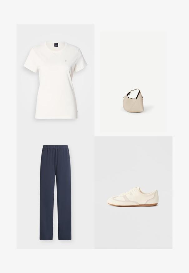 T-shirt en coton blanc avec un col rond et des manches courtes. Présente un petit logo brodé sur la poitrine. Texture lisse.; Pantalon bleu marine droit, avec ceinture élastique, sans poches visibles ni ornements sur fond uni.; Baskets couleur crème avec une tige en daim et tissu, un bout arrondi, et une semelle en caoutchouc avec un détail accent beige. Fermeture à lacets.; Sac à main en cuir beige en forme de croissant avec une seule bandoulière et des coutures minimalistes, posé sur un fond blanc uni.