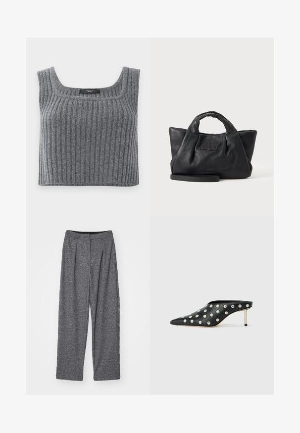Weekend Max Mara ZURCA - Top - antracite; Sivé kárované nohavice s vysokým pásom, širokým strihom a záhybmi. Vyrobené z textúrovaného materiálu s monochromatickým vzorom.; STAND STUDIO KELSEY - Šľapky na opätku - black; Čierna mäkká kožená kabelka s krátkymi rúčkami, odnímateľným popruhom a prešitým logom vpredu, na jednoliatom svetlom pozadí.