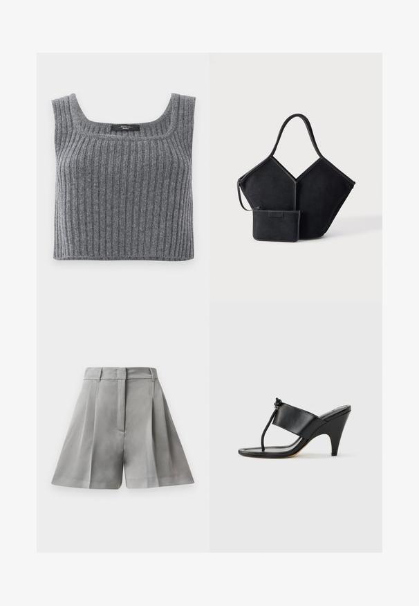 Weekend Max Mara ZURCA - Débardeur - antracite; Shorts plissés gris en tissu lisse, dotés d'une taille haute, de poches avant et d'un design ajusté aux lignes épurées.; Sandale noire à talon haut avec une large bride avant et une boucle d'orteil dotée d'un détail de corde nouée, vue de profil sur fond blanc.; Sac cabas géométrique noir avec une large anse unique et une petite pochette zippée assortie attachée, sur un fond clair uni.