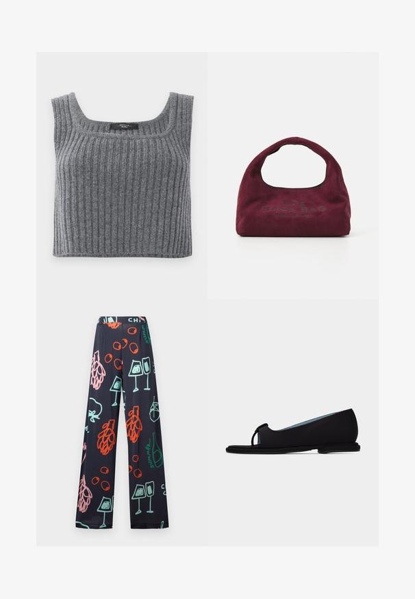 Weekend Max Mara ZURCA - Μπλούζα - antracite; Σκούρα μπλε παντελόνια με φαρδιά μπατζάκια με πολύχρωμα αφηρημένα σχέδια από ποτήρια κρασιού, σταφύλια, μπουκάλια και τη λέξη «καλοκαίρι» σε κόκκινο, ροζ, πράσινο και μπλε.; Μαύρο επίπεδο παπούτσι με ανοιχτή μύτη και διακοσμητικό φιόγκο, λείο φινίρισμα, χαμηλή σόλα και εσωτερική επένδυση ανοιχτού μπλε, εμφανιζόμενο σε πλευρικό προφίλ.; Μικρή μπορντό σουέτ τσάντα χεριού με καμπυλωτή λαβή, "THE SACK BAG MARC JACOBS" τυπωμένο στο μπροστινό μέρος, σε λευκό φόντο.