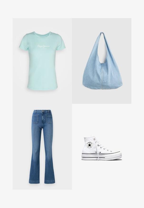 Lichtblauw t-shirt van katoen, met een ronde halslijn en korte mouwen. "Pepe Jeans London" in het wit gedrukt op de voorkant.; Gelaste blauwe spijkerbroeken van denim met een middellange taille, voorzien van twee achterzakken en een schone zoom. Soepele textuur en klassiek ontwerp.; Witte hoge Converse Chuck Taylor All Star sneaker met zwart logopatch en witte veters, weergegeven op een witte achtergrond.; Lichtblauwe denim schoudertas met een brede band en een zichtbare centrale naad, afgebeeld tegen een effen lichtgrijze achtergrond.