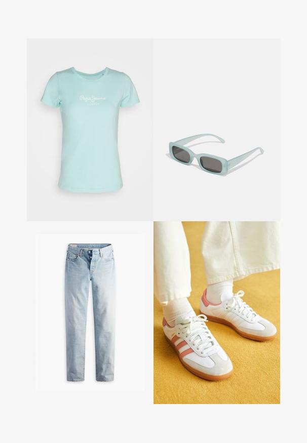 Hellblaues T-Shirt aus Baumwolle mit rundem Halsausschnitt und kurzen Ärmeln. "Pepe Jeans London" in Weiß auf der Vorderseite gedruckt.; Hellblaue Jeans aus Denim mit geradem Bein, fünf Taschen und Metallknöpfen am Standardbund.; Weiße Sportschuhe mit pinken Akzenten, aus Wildleder und Leder, runde Zehenform und Gummisohle, dargestellt mit hellen Socken vor einem gelben Hintergrund.; Ein Paar rechteckige Sonnenbrillen mit lichtblauen, halbtransparenten Rahmen und dunkelgrauen Gläsern, ausgestattet mit geraden Bügeln und minimalen Hardware-Details.
