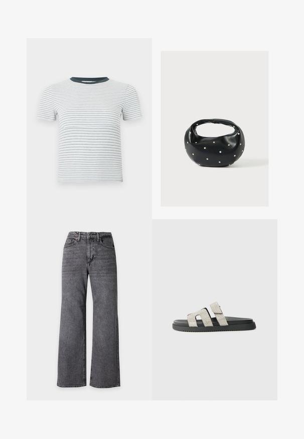 T-shirt blanc à manches courtes en maille côtelée avec de fines rayures horizontales noires et un col rond uni gris foncé.; Jean noir délavé taille haute à jambes larges, avec bouton sur le devant et poches, présenté complètement à plat.; Sandale à semelle noire avec deux bandes verticales ornées de strass argentés, design plat, texture en caoutchouc et motif de semelle subtil.; Sac à main en cuir noir de forme arrondie, décoré de clous argentés et équipé d'une poignée courte. Texture lisse et fermeture éclair.