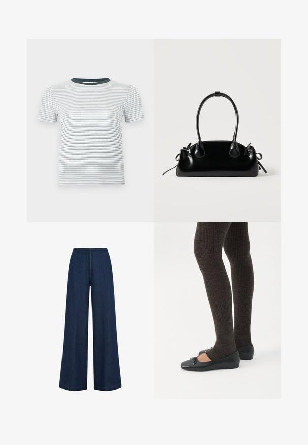 Wit ribbelig t-shirt met korte mouwen, dunne horizontale zwarte strepen en een effen donkergrijze ronde hals.; Brede donkerblauwe jeans met een rechte snit, gemaakt van denim. Heeft een hoge tailleband en subtiele naden. Geen zichtbare hardware.; Benen met donkere geribbelde leggings gecombineerd met zwarte ballerina's met kleine strikdetails op een witte achtergrond.; Kleine zwarte glanzende handtas met twee lange hengsels en zijkant trekkoord details op een effen lichte achtergrond.