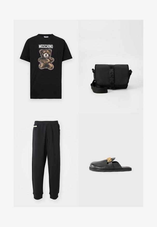 Camiseta de algodón negra con un gráfico de un oso en marrón con una textura vintage. Texto "MOSCHINO" encima del oso en letras blancas y en negrita.; Pantalones de chándal negros de tela suave, con cinturilla elástica, bolsillos laterales y puños acanalados en los tobillos. Diseño minimalista.; Mule de cuero negro sin tacón con un detalle decorativo de cinta dorada y una suela de goma texturizada y baja sobre un fondo liso.; Bolso cruzado negro de nailon con solapa, que cuenta con un cierre de cinta con logo prominente, correa ajustable y detalles de costura lateral.