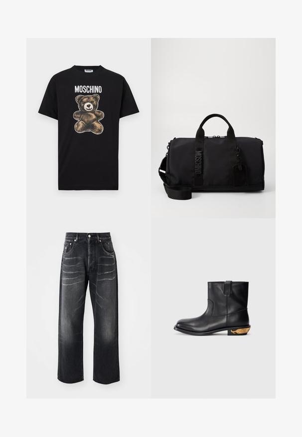 Zwart katoenen T-shirt met een bruine berenafbeelding met een vintage textuur. "MOSCHINO" tekst boven de beer in vetgedrukte witte letters.; Zwarte rechte jeans met vervaagde plooien op de bovenbenen, een voorste knoop, ritssluiting en vijf-pocket ontwerp.; Zwarte leren enkellaars met een glad oppervlak, ronde neus en een gouden walvismotief op de hak. Minimalistisch ontwerp.; Zwarte duffelbag van nylon met dubbele handvatten, een afneembare schouderband, een reliëflogo en een bagagelabel. Gladde textuur.