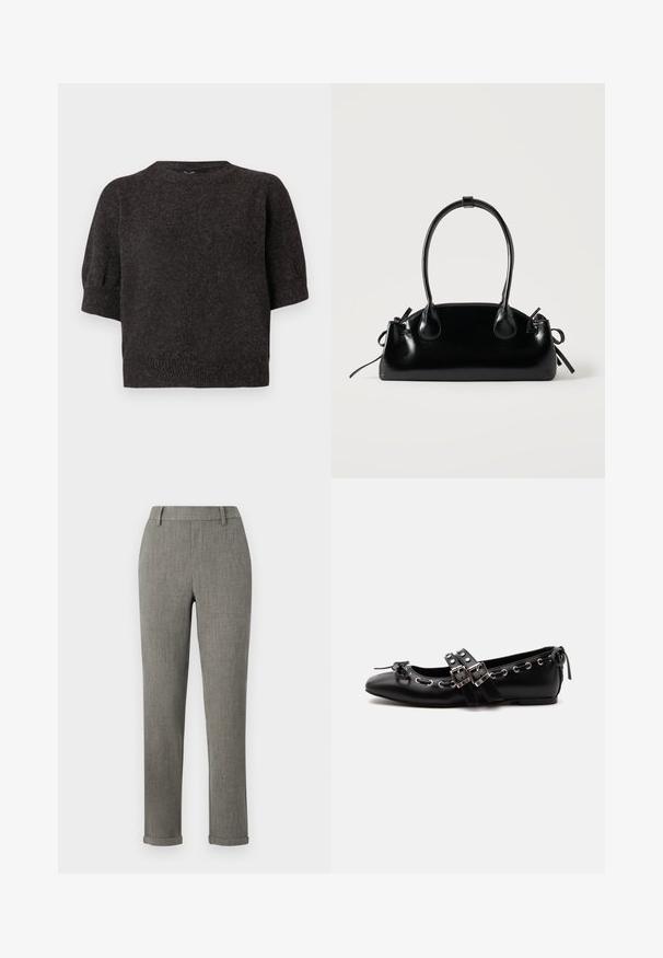 Donkergrijze korte mouwen trui, gebreide textuur, geribde zoom, ronde halslijn en licht opgeblazen mouwen, gemaakt van een zachte, comfortabele stof.; Grijze op maat gemaakte slim-fit broek met riemlussen en omslagen bij de zoom, geschikt voor formeel of kantoor.; Zwarte platte balletschoen met dubbele gespsluitingen, zilveren oogjes en een klein strikje nabij de afgeronde neus op een witte achtergrond.; Kleine zwarte glanzende handtas met twee lange hengsels en zijkant trekkoord details op een effen lichte achtergrond.
