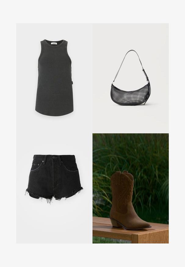 Mørkegrå ribbet ærmeløs tanktop med rund hals og mærkelabel "Replay" syet indeni kraven.; Sorte denim shorts med en frynset kant, klassisk fem-lomme design og metalknap lukning. Mor med høj talje og slidt tekstur.; Brun ruskind cowboystøvle med dekorativt syning, en spids tå og en lav vinklet hæl, vist på en træbænk udendørs.; Lille sort mesh skuldertaske i halvmåneform med justerbar tynd rem, sat mod en ensfarvet lys baggrund.