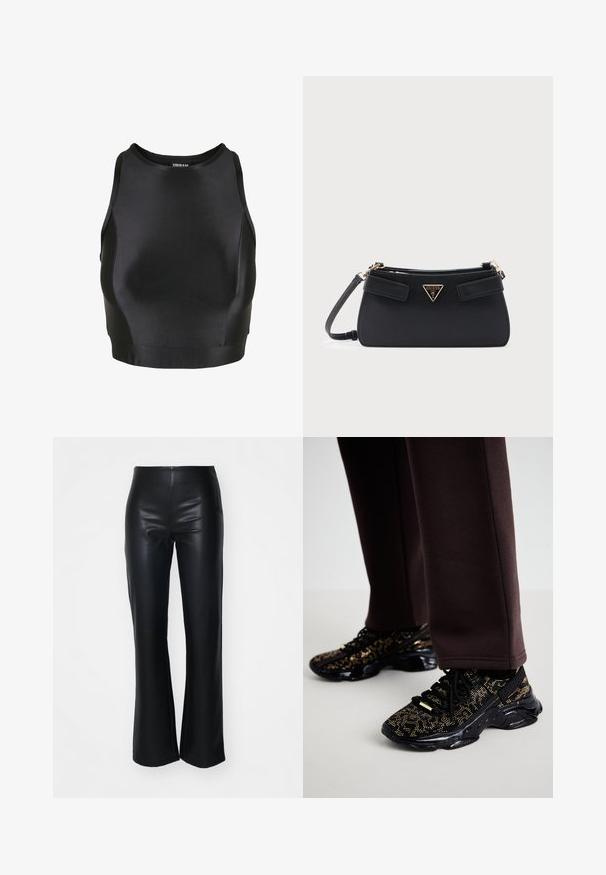 Crop top sans manches noir avec col rond et silhouette ajustée, fabriqué à partir d'un tissu lisse et extensible.; Pantalons évasés en simili cuir noir avec une texture lisse, dotés d'une taille ajustée et de jambes légèrement évasées, conçus pour une silhouette élégante.; Des baskets noires avec des éclats dorés, une surface texturée et une semelle noire épaisse. Associées à un pantalon de survêtement brun, montrant un design ajusté.; Sac bandoulière Guess en cuir texturé noir avec plaque logo dorée et sangle réglable sur fond blanc uni.