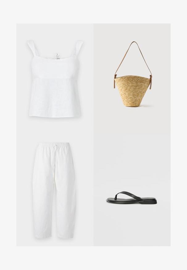 Weißes Leinenoberteil mit lockerer Passform, verstellbaren Trägern und einem Bindedetail am Ausschnitt, glatter Textur und leichtem Design.; Abercrombie & Fitch PULL ON BARREL - Stoffhose - white; Schwarze Flip-Flops aus glattem Leder, mit einem dünnen Riemendesign und einer flachen Sohle mit minimalem Profil. Keine bemerkenswerten Muster oder Akzente.; Geflochtene Strohtasche in Eimerform mit breiter Basis, schmaler Oberseite und verstellbarem braunem Leder-Schulterriemen.