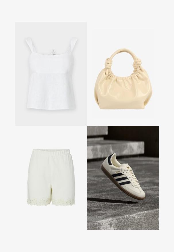 Haut en lin blanc avec une coupe décontractée, présentant des bretelles réglables et un détail à nouer au niveau du col, texture lisse et design léger.; Shorts blancs à taille élastique avec ourlet festonné et détail de broderie florale ajourée le long des bords inférieurs.; Baskets blanches Adidas Samba avec des bandes noires et une semelle en gomme, flottant au-dessus de marches en béton gris texturé.; Sac à main en cuir souple couleur crème avec dessus froncé et doubles poignées nouées sur fond blanc.