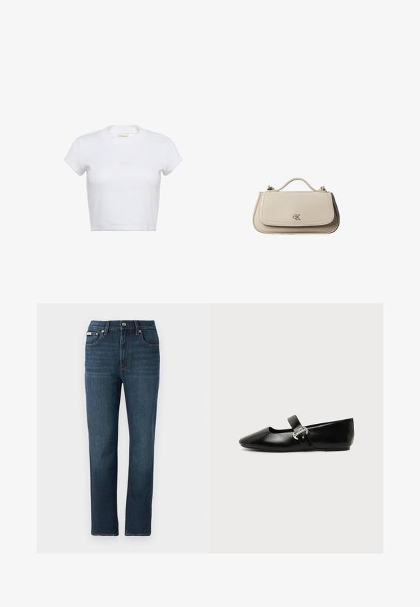 Witte korte crop-top met korte mouwen en een geribbelde textuur. Heeft een ronde halslijn en een subtiel "Calvin Klein" logo in een lichte kleur aan de voorkant.; Donkerblauwe spijkerbroek met een rechte pasvorm, voorzakken, een knoopsluiting en subtiele stikseldetails op de tailleband.; Zwarte leren Mary Jane platte schoen met een afgeronde neus en zilveren gespsluiting op een effen achtergrond.; Kleine beige leren handtas met bovenhandvat en zilveren CK-logo op de voorflap, getoond tegen een witte achtergrond.