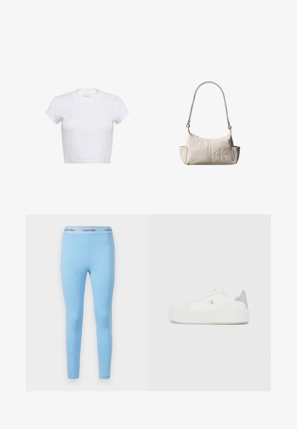 Witte korte crop-top met korte mouwen en een geribbelde textuur. Heeft een ronde halslijn en een subtiel "Calvin Klein" logo in een lichte kleur aan de voorkant.; Blauwe leggings van glad, rekbaar materiaal met een effen kleur en een tailleband met het "Calvin Klein" logo in contrasterende kleuren.; Witte canvas sneakers met een dikke witte zool, voorzien van een metallic zilveren accent op de hiel en een subtiel logo detail aan de zijkant.; Kleine beige leren schoudertas met verstelbare riem en geperst Calvin Klein-logo aan de voorkant in het midden.