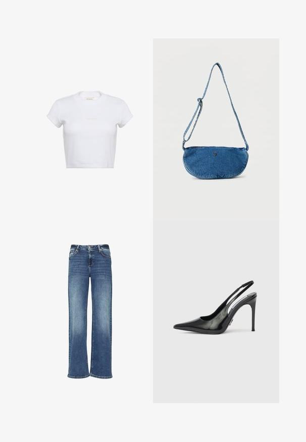 Camiseta blanca recortada de manga corta con textura acanalada. Presenta un cuello redondo y un sutil logo "Calvin Klein" en color claro en el frente.; Jeans de mezclilla azul de pierna ancha con un lavado deslavado, cierre de botón y diseño de cinco bolsillos. Presenta un corte recto y holgado.; Zapato de salón de tacón alto slingback de charol negro, punta puntiaguda, lados recortados y tacón delgado. Acabado brillante con detalles mínimos en herrajes.; Bolso bandolera azul de mezclilla con correa ajustable y pequeño logo metálico en el frente, exhibido sobre fondo blanco.