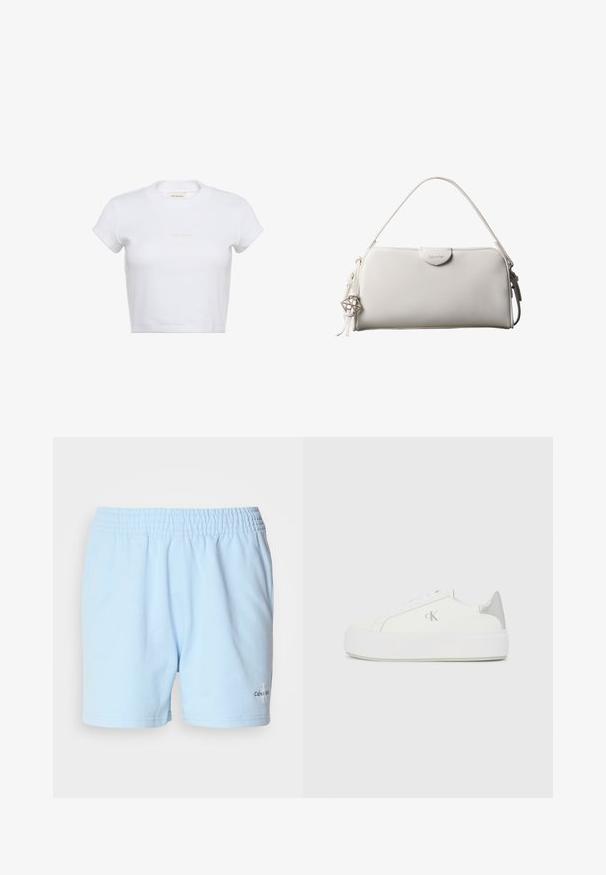 Valge lühikese varrukaga lühike t-särk soonilise tekstuuriga. Omadusteks on ümara kaelusega ja esiküljel hele "Calvin Klein" logo.; Heledad sinine lühike püksid elastse vööga, millel on "Calvin Klein" logo hemmi lähedal, esitatud neutraalses taustas.; Valged kangast tennisekingad paksu valge tallaga, millel on metallist hõbedane aksent kandadel ja tagasihoidlik logodetail küljel.; Valge ristkülikukujuline Calvin Kleini käekott ühe käepidemega, minimalistliku disainiga ja dekoratiivsete tutikestega, mille küljes on geomeetrilise metallist ripats.