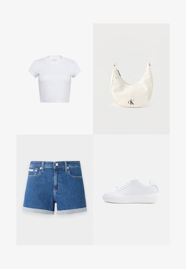 Hvid cropped t-shirt med korte ærmer og ribbet tekstur. Har en rund halsudskæring og en diskret "Calvin Klein"-logo i lys farve foran.; Mørkeblå denimshorts med omviklede nederkanter. Har en knaplukning og forlommer. Glat struktur med diskrete syninger.; Hvid lavtop-sneaker med snørelukning, tyk sål og glat overdel, vist fra ydersiden mod en ensartet lys baggrund.; Lille hvid halvmåneformet håndtaske med kort rem, lynlås og sort "cK"-logo foran.
