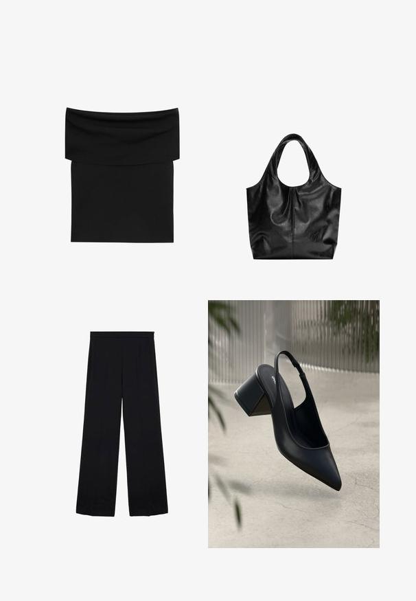 Schwarzer, schulterfreier, figurbetonter Minirock mit breitem Umschlagbund und glatter Textur.; Schwarze, weit geschnittene Hose aus glattem Material, mit hoher Taille und gefaltetem Frontbereich, die ein sauberes, minimalistisches Design ohne Muster oder Beschläge aufweist.; Schwarze Leder-Slingback-Pumps mit spitzem Zehenbereich und Blockabsatz. Glatte Textur, minimalistisches Design und verstellbarer Knöchelriemen.; Schwarze Leder-Tote mit glatter Textur, weichem, abgerundetem Oberteil und breiten Tragegriffen. Merkmale minimale Nähte und eine lässige Silhouette.