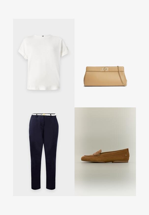 Hvid kortærmet t-shirt med rund halsudskæring og opsmøg, lavet af blødt stof, med en diskret logoaccent nær sømmen.; Marineblå chinos med en slim fit, bomuldsstof og et hvidt bælte med en guldtonet spænde. Glat tekstur, lige ben, minimalistisk design.; Brun ruskind damesko med syet remdetalje og et lille metalisk logo på hælen, vist på en neutral baggrund.; Tanfarvet rektangulær clutch taske i læder med guldfarvet kæderem og lukning med drejelås på hvid ensfarvet baggrund.