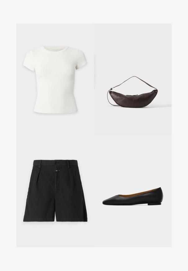 Kort hvid ribbet t-shirt med korte ærmer og rund halsudskæring på ensfarvet baggrund.; CLOSED REVYL - Denimshorts - black; Sort læder flad sko med spids tå, lav hæl og glat finish, vist fra siden på en lysegrå baggrund.; Mørkebrun læder skuldertaske i halvmåneform med buet rem og synlige syninger på ensfarvet baggrund.