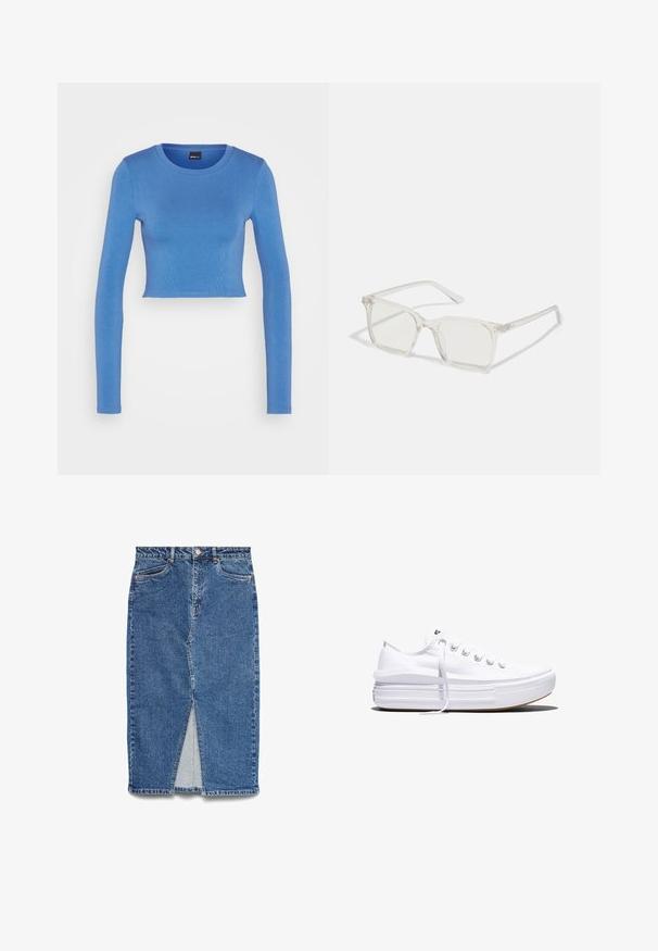 Gina Tricot LONGSLEEVE - Langærmet T-shirt - federal blue; Blå denim midi-nederdel med frontslids, bæltestropper, knapper foran, lynlåslukning og to forlommer, lagt fladt på hvid baggrund.; Hvid lavt snørestøvle med tyk plateau-sål, snørelukning foran og gummiforstærket tåkap, set i sideprofil.; Klare plastiske briller med firkantet ramme og gennemsigtige linser, der har guld accenter på tempelstængerne for ekstra detaljer.
