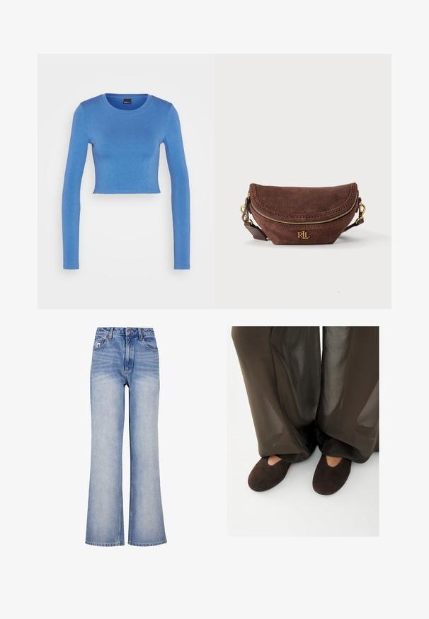 Gina Tricot LONGSLEEVE - Pikkade varrukatega topp - federal blue; Heledad helesin sinised lõdva lõikega teksad, millel on kõrge vöökoht, nööbikinnitus, peen tuhmumine ja klassikaline viie taskuga disain.; Inimene kannab tumepruune seemisnahast sussidega, millel on väike lõige, koos laia ja poolläbipaistva tumepruuni säärtega, mis katavad pahkluud.; Pruun seemisnahast risti kantav kott kuldse tõmblukuga ja RLL logoga, detailne ääreõmblus ning reguleeritav rihm kuldsete tarvikutega.