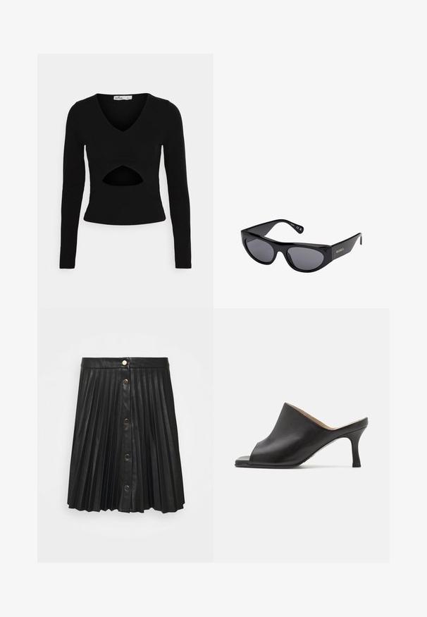 Schwarzes Langarmoberteil mit V-Ausschnitt und ausgeschnittenem Detail an der Taille. Hergestellt aus glattem Stoff mit taillierter Passform. Größe S.; VILA VIAMINA SHORT BUTTON COATED SKIRT - Faltenrock - black; Selected ASHLEY - Pantolette hoch - black; Schwarze Cat-Eye-Sonnenbrille mit dunklen Gläsern und "MAX&Co."-Logo an den Bügeln, vor einem weißen Hintergrund gezeigt.