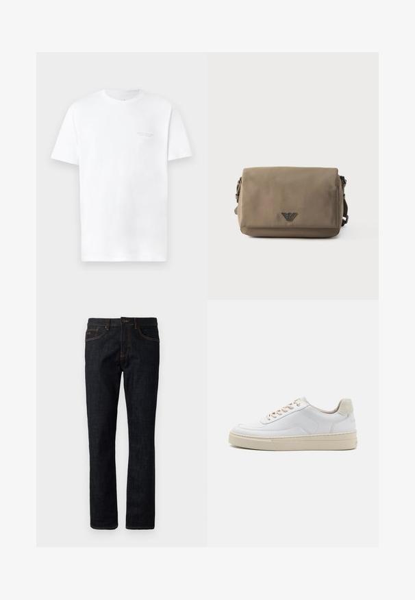 Witte katoenen t-shirt met korte mouwen, ronde halslijn, met een subtiele grijze logo-afdruk op de linkerkant van de borst en een gladde textuur.; Donkerblauwe slim-fit jeans met oranje stiksels, knoopsluiting en vijf-pocketdesign, plat weergegeven tegen een witte achtergrond.; Witte sneaker met een gevoerd leren bovenwerk, beige veters en een gestructureerde beige suede hieltab. Verhoogde zool voor extra hoogte.; Rechthoekige taupekleurige crossbodytas met klep en een klein metalen logo-embleem gecentreerd aan de voorkant tegen een witte achtergrond.