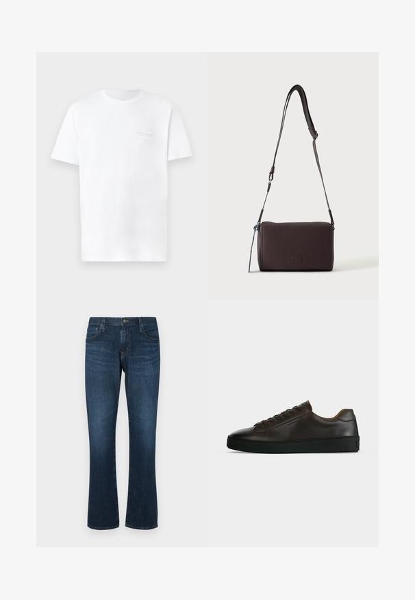 Hvid bomulds t-shirt med korte ærmer, rund halsudskæring, der har et diskret gråt logo print på venstre bryst og en glat overflade.; Mørkeblå denimjeans med lige ben-design, fem lommer og metalknap-lukning. Glat tekstur med subtil falming.; Lavprofil mørkebrune lædersneaker med sort gummisål, snørelukning foran og glat minimalistisk design på lys baggrund.; Mørkebrun textured læder crossbody taske med justerbar rem og lille dekorativ blå accent på siden.