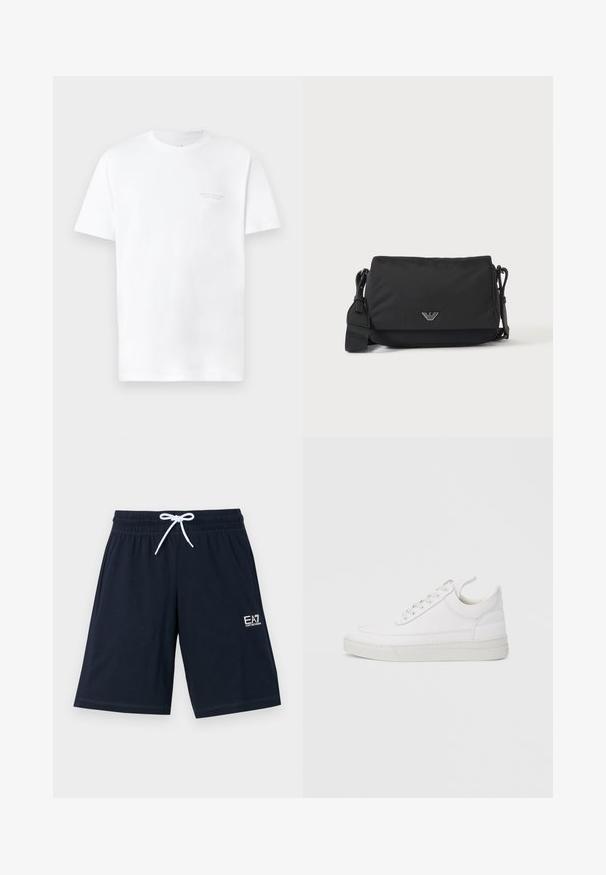 Witte katoenen t-shirt met korte mouwen, ronde halslijn, met een subtiele grijze logo-afdruk op de linkerkant van de borst en een gladde textuur.; Marineblauwe shorts van zachte stof met een elastische tailleband en een witte koord. Heeft een klein wit logo aan de onderzijde aan de linkerkant.; Witte leren sneaker met een afgeronde neus, platte zool en veters aan de voorkant. Voorzien van stikseldetails en een gevoerde kraag voor comfort.; Zwarte crossbodytas met verstelbare band en klein zilverkleurig logo-embleem op de voorflap, afgebeeld op een effen lichte achtergrond.
