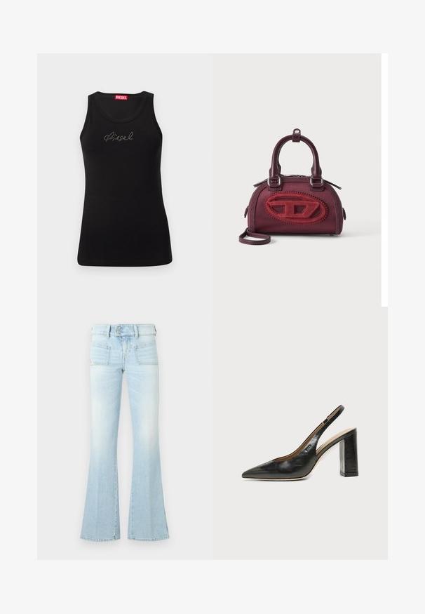 Zwarte mouwloze tanktop met rhinestone "Diesel"-logo op de borst en rood merklabel aan de binnenkant van de halslijn.; Lichtblauwe uitlopende jeans in vervaagde denim met twee voorkruiszakken, een knoopsluiting en contrasterende stikdetails. Glad textuur.; Zwarte leren slingback schoen met spits toelopend neusje, hoge blokhak en beige binnenvoering tegen een effen lichte achtergrond.; Kleine bordeauxrode handtas met afgeronde vorm, dubbele handvatten en groot rood ovaal textuurlogo aan de voorkant tegen een effen achtergrond.