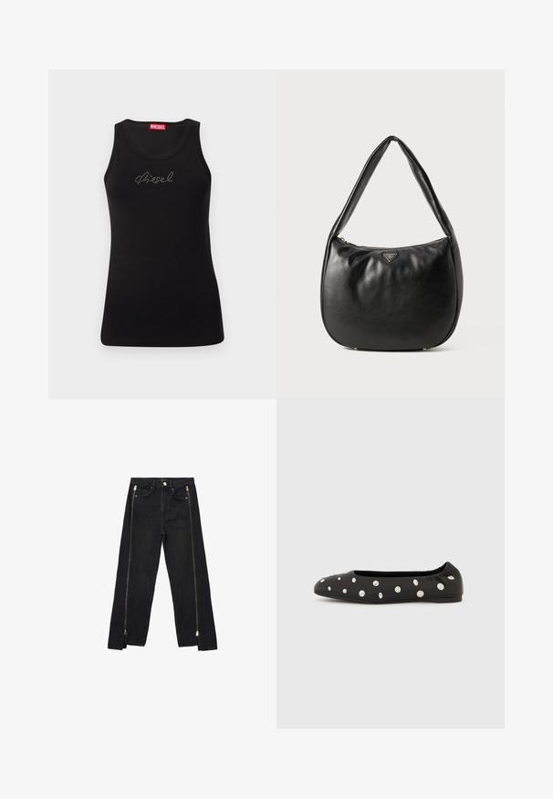 Zwarte mouwloze tanktop met rhinestone "Diesel"-logo op de borst en rood merklabel aan de binnenkant van de halslijn.; Zwarte denim jeans met een recht model, voorzien van gouden ritsen aan de zijkanten en standaard zakken op de taille.; Zwarte ballerina met elastische achterkant en verspreide grote zilveren ronde studs op de bovenzijde, in profiel weergegeven tegen een witte achtergrond.; Zwarte leren hobo tas met een gladde textuur, een gebogen vorm en een ritssluiting. Kenmerkt zich door een gouden logo-accent aan de voorkant.