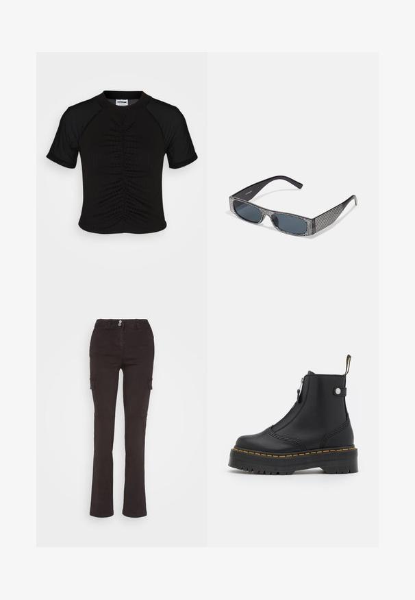 Noisy May NMDERIN MIX - Top - black; Weekday BRENDA SLIM CARGO TROUSER - Cargohose - grey dark; Schwarze Knöchelboots aus glattem Leder, ausgestattet mit einem seitlichen Reißverschluss, gelben Nähten und einer dicken, geriffelten Gummisohle.; Schwarze Sonnenbrille mit grauen Gläsern, versehen mit einem Rastermuster aus kleinen metallischen Strasssteinen entlang der Fassung. Glatte Oberfläche, kantiges Design.