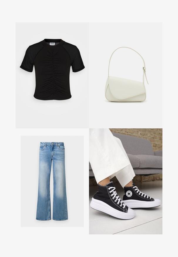 Noisy May NMDERIN MIX - Top - black; Jeans de mezclilla azul claro acampanados con una textura desteñida, cintura alta y diseño de cinco bolsillos, con cierre de botón y cremallera.; Zapatillas altas negras con suelas de goma blancas y cordones blancos. Presentan un parche redondo con logo y costuras blancas contrastantes. Material de lona.; Bolso de mano de imitación cuero blanco con una forma triangular estructurada, correa ajustable única y cierre con solapa acentuada en curva.