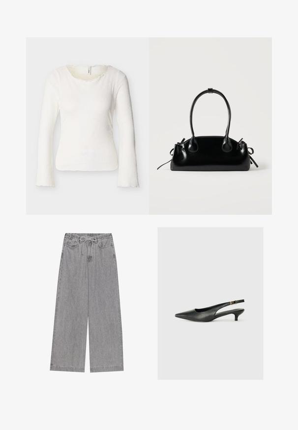 Hvid tætsiddende langærmet top med subtilt blomstermønster og let flæset rund halsudskæring, vist på en enkel lys baggrund.; Grå vide bukser lavet af denim, med en elastisk talje og snøre, to forlommer og et lige ben-design.; Sorte spidse slingback-sko lavet af glat læder. Har en tynd hæl og en spænde detalje på den justerbare rem.; Lille sort blank håndtaske med to lange håndtag og snøre-detaljer i siden på en ensfarvet lys baggrund.