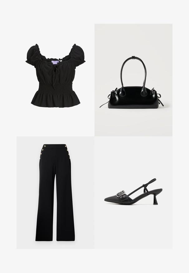 Blouse noire texturée avec des manches bouffantes courtes, une taille smockée et un ourlet à volants. Présente un détail de nœud à l'avant et est fabriquée en tissu léger.; Pantalons noirs taille haute à jambe large avec des boutons en or sur le devant et des poches sur les deux hanches sur un fond blanc.; Simmi London DALA - Escarpins - black; Petit sac à main noir brillant avec deux longues anses et des détails à cordon sur les côtés sur un fond clair uni.